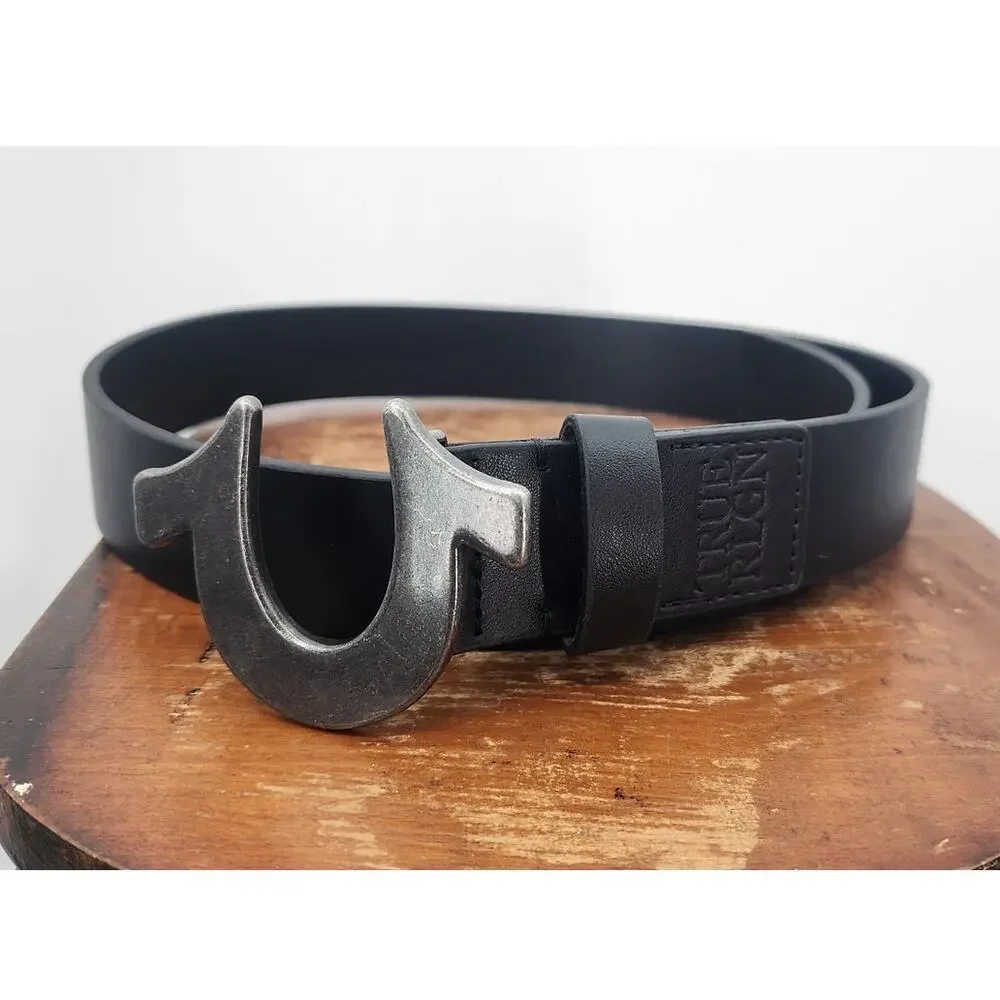 New‎ NWOT True Religion Classic Logo Buckle Black Leather Belt Size 40